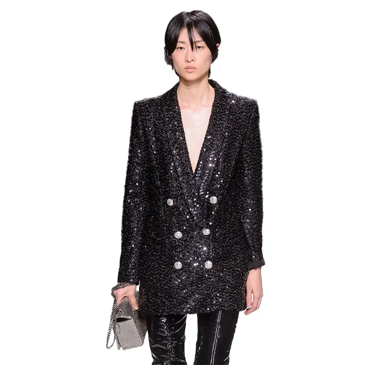 Elegant Blazer Double Breasted Black Sequin Slim Fit Long Suit blazers ladies women