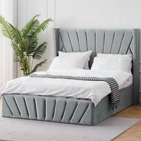 Cama de almacenamiento de terciopelo de felpa con rayas diagonales y tachuelas en alas Marco de cama de plataforma de tamaño individual tapizado con almacenamiento