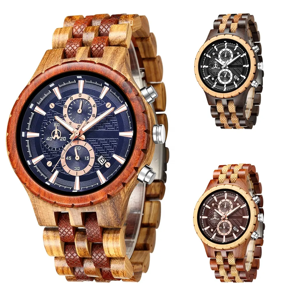 Luxury Custom Oem Chronograph Wooden Watches Green And Red Wood Grain Watch Dropshipping Wood Watches Men
