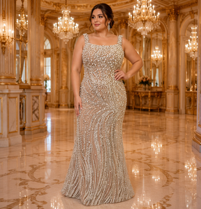 Abito da sera formale <span class=keywords><strong>taglie</strong></span> <span class=keywords><strong>forti</strong></span> con spalline sottili, in tulle color champagne nude, con perline e strass fatti a mano, ideale per Gala, Red Carpet, Ballo di fine anno, Feste - Product Image 1