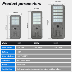 Éclairage extérieur en aluminium de capteur de mouvement Ip65 150w 200w 300w tout en un réverbère mené solaire - Product Image 2