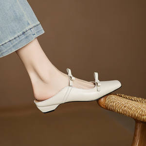 Summer Casual Open Toe Sandals <b>with</b> Double <b>Bows</b> Breathable Anti-Slippery Low Heel Square Toe Slip-On <b>Shoes</b> - Product Image 5