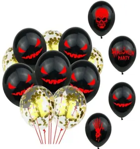 Set mainan payet Halloween, balon hantu wajah Iblis tengkorak helium cetak balon lateks untuk alat peraga foto Halloween menakutkan, dekorasi pesta