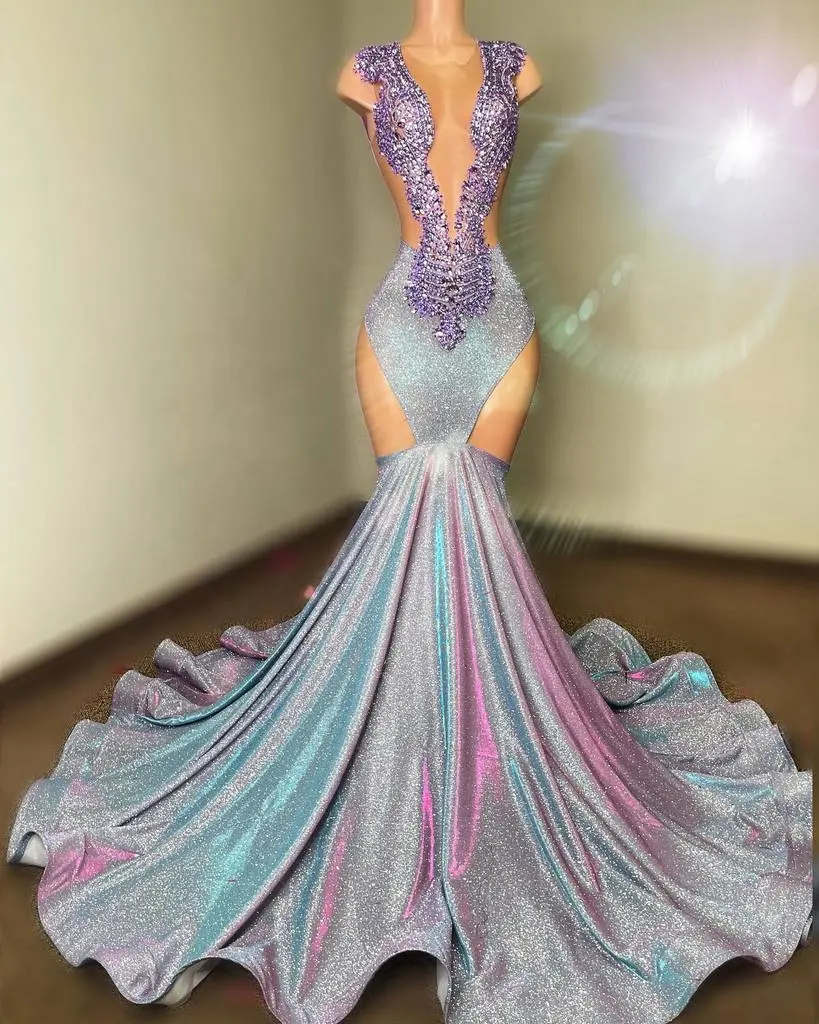 Ocstrade Maxi tanpa lengan Dres seksi Mesh berlian imitasi gaun panjang gaun malam ungu putri duyung gaun Prom 2023 elegan hitam gadis