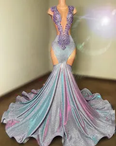 Ocstrade Sleeveless Maxi Dres Sexy Mesh Rhinestone Long Gown Evening Dress Purple Mermaid Prom Dresses 2023 Elegant Black Girls
