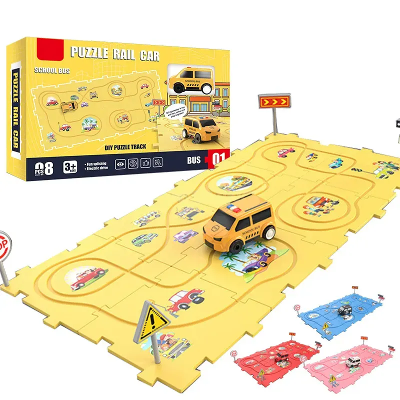 Elektrische Baumwellen-Puzzle-Matten Schienenbahn Schulbus / Polizeiauto / Feuerwehrwagen / Krankenwagen Eisenbahn-Spielzeugset für Kinder