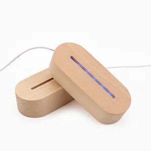 Base de madeira para lâmpada LED de luz noturna 3D, pedestal com interruptor USB, base de madeira para lâmpada noturna