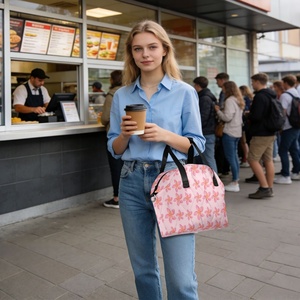 Travel Picnic Portable Reusable Cooler Bag Custom Design Hawaii Pink Plumeria Pattern Quilted Insulated Lunch Bag for Women - Product Image 6