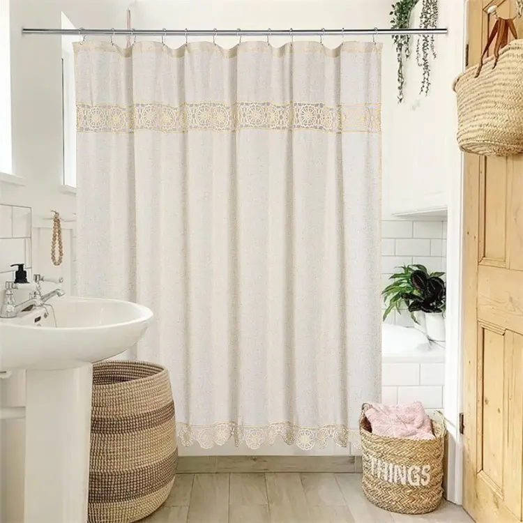 Cortina de ducha de granja Bohemia, cortina de ducha de tela de algodón y lino con decoración de encaje de macramé, cortina de baño elegante francesa moderna