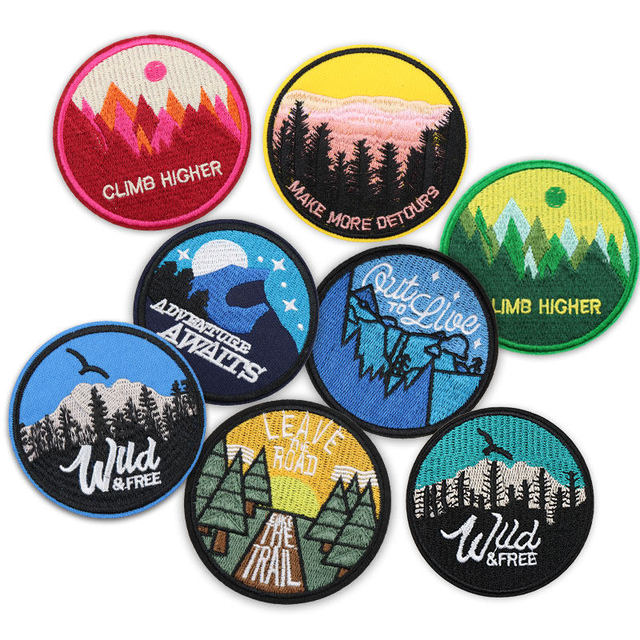Round Outdoor Mountain Forest Scenery Embroidered Badge, Decorative Fabric Emblem for Jackets, Hats & Backpacks