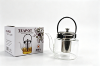 Théière en verre avec poignée en métal noir, infuseur amovible en acier inoxydable 201, bouilloire domestique, coffret cadeau
