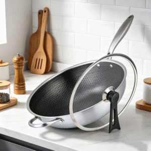 <span class=keywords><strong>Wok</strong></span> FLEY de Acero Inoxidable con Revestimiento Antiadherente Tipo Panal de Abeja, Sartén para Freír sin Recubrimiento, con Tapa de Vidrio, <span class=keywords><strong>Wok</strong></span> de Cocina de Acero Inoxidable para el Hogar - Product Image 3