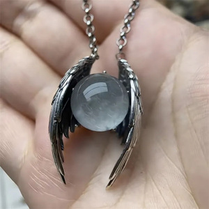 Wholesale Punk Retro Sliver Color Wings Round Smooth <b>Ice</b> Crack Crystal Pendant Necklace for Women Personality Jewelry Accessory - Product Image 3