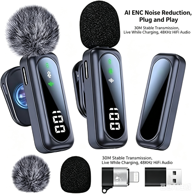 Wireless Lavalier Microphone 2.4G Smart Noise Cancelling Dual Mic Clip on for iPhone TikTok YouTube Type-C CE FCC
