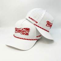 Casquette de baseball trucker sportive respirante et imperméable avec logo brodé personnalisé, patch tissé, corde et perforations découpées au laser, 5 boutons-pression