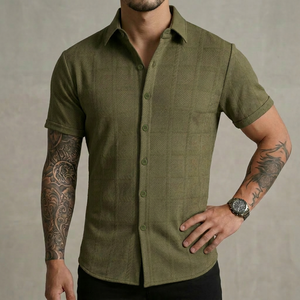 <span class=keywords><strong>Camicia</strong></span> Estiva da Uomo Antirughe Traspirante a <span class=keywords><strong>Maniche</strong></span> <span class=keywords><strong>Corte</strong></span> in Maglia Tinta Unita con Design a <span class=keywords><strong>Quadri</strong></span> e Colletto per Uso Quotidiano Casual - Product Image 3