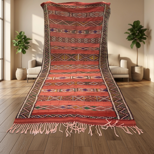 Tapis rectangulaire marocain fait main en laine à imprimé animalier, style bohème, tissage plat avec franges et support en jute pour salon - Product Image 3