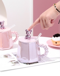 แก้วกาแฟเซรามิคทรงหมีเคลือบสี แก้วเก็บความร้อนพร้อมฝาปิด สำหรับนม คาปูชิโน่ กาแฟ - Product Image 3