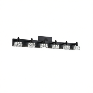 Lámpara de tocador LED moderna de 6 luces, negra mate, con pantallas de cristal, aplique de pared contemporáneo para baño, regulable, luz blanca cálida - Product Image 1