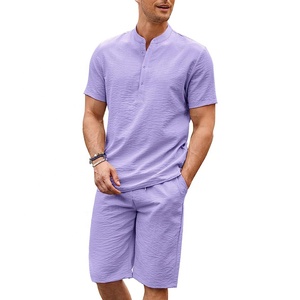 Conjunto de 2 Piezas de <span class=keywords><strong>Lino</strong></span> para <span class=keywords><strong>Hombre</strong></span>, Camisas Henley Casuales de Manga Corta, Pantalones Cortos de Yoga para Playa, Trajes de Verano - Product Image 2