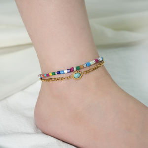 Brazalete tobillero bohemio de acero inoxidable con piedras trituradas para mujer, brazalete con cuentas de Color, a la moda - Product Image 1