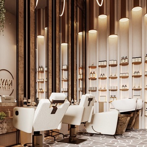 Luxury Beauty Salon Shopfitting Service Bespoke Vertical Slat Wall Panel and Circular Tiered Display Stand - Product Image 1