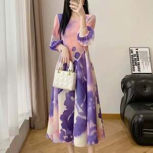 Luxury Women's Pleated Maxi <b>Dress</b> Slim Fit <b>Long</b> Sleeve High Waist Chic Solid Pattern <b>Chiffon</b> Clothing - Product Image 2