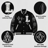 Blouson Bomber Gothique en Laine Fine pour Homme - Noir Brodé Croix Faith Fear Style Hiver Décontracté Réversible Service OEM