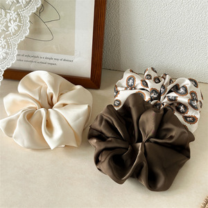 Chouchous en satin vintage pour femmes, élastiques à cheveux 10 cm, marron crème imprimé, haute qualité, style décontracté - Product Image 5