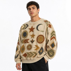 Sweat à capuche zippé vintage personnalisé ODM pour homme, avec broderie géométrique étoile, lune, flèche, logo personnalisé - Product Image 1