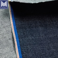 Tissu denim sergé 100% coton japonais indigo bleu foncé, poids moyen 13oz, selvedge rouge, imprimé bleu, teint en fil, tissé pour garçons