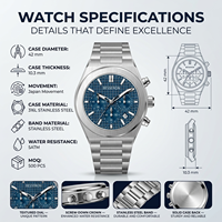Montre à quartz pour homme de haute qualité avec logo personnalisé en acier inoxydable, chronographe, boîtier de 42 mm, verre résistant à l'eau 5 BAR, aiguilles lumineuses