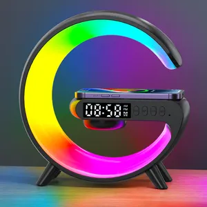 Factory wholesale 2023 6 in 1 G lamp Mini speaker RGB LED night light with wireless charger alarm clock for bedside living room