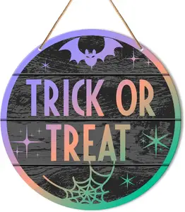 Dekorasi pintu depan tanda Halloween bundar dekorasi gantung dinding rumah dekorasi kayu hitam untuk tanda trik atau perlakuan rumah teras