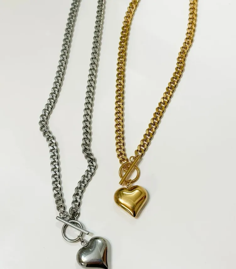 Toggle-Schlüssel edelstahl-Kette-Halsband Perle handgefertigt chunky Jewelry Statement Gold Puffed Heart Anhänger Toggle-Halsband