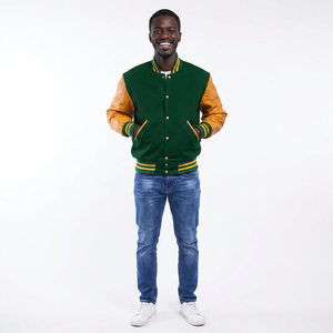 Customized Embroidered Logo Front Letterman Varsity Men Baseball Jackets with <b>Leather</b> Sleeves Stand Collar - Product Image 1