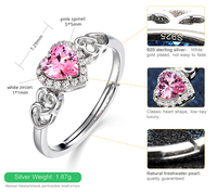 Bague de fiançailles en argent 925 avec spinelle rose en forme de cœur, incrustée de quartz rose et de zircone cubique 5A