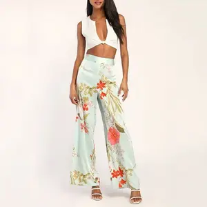 Women Bohemian Floral Print Long Pants High Waist Vintage Harem Pants Elastic Waist Vintage Boho Beach Trousers