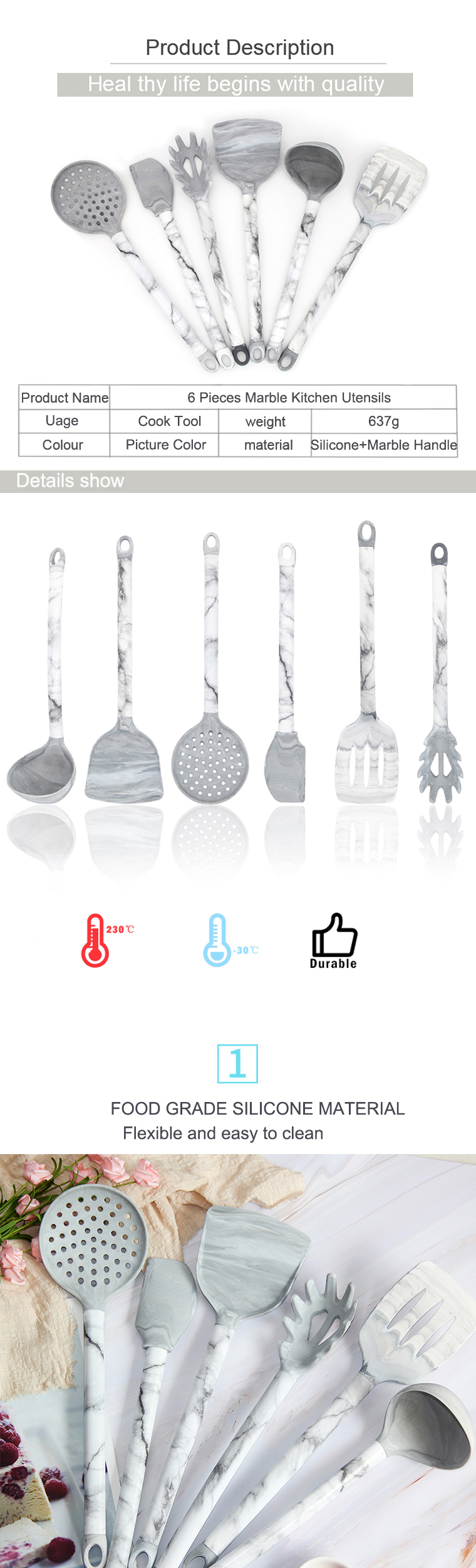 6 Pieces In 1 Set Silicone Kitchen Accessories Cooking Tools Kitchenware Cocina Silicone Kitchen Utensil marble cookware set