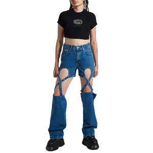 Yeni varış moda özel yüksek kalite yüksek bel ile kayış Chap tarzı kot şık kadın Denim pantolon