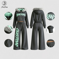 Ensemble pantalon large et veste courte zippée à capuche amovible en fausse fourrure, imprimé graffiti, style streetwear hip-hop pour femme