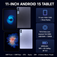 Tablet Android 15 11 Inci T616 Octa-core 1920x1200 6GB 128GB 4G Panggilan Telepon GMS WiFi BT 5.0 6000mAh T616 WiFi Android 15 Hitam