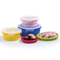 Ensemble de boîtes à lunch rondes pliables en silicone - 350/500/800/1200 ml, silicone platine de qualité alimentaire + couvercle en PP, logo personnalisé OEM