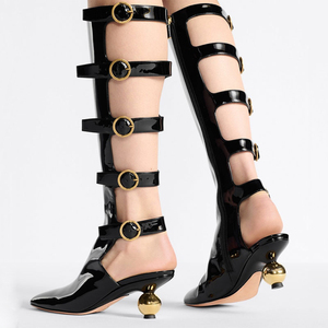 Summer Belt Buckles Women Knee High <b>Boots</b> Round Gold Ball Heels Patent Long Booties Square Toe Back Cut Out Sandals Shoes - Product Image 1