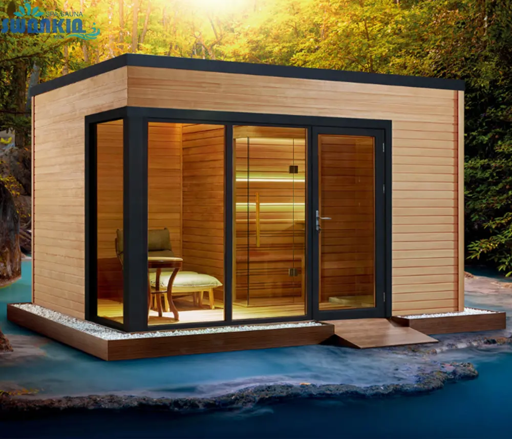 Salle de douche extérieure en bois massif de cèdre rouge Swankia sauna pour jardin design gazebo extérieur salles de sauna infrarouge en bois