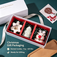 Coffret Cadeau Bougies de Noël Bonhomme de Neige 3D Bougies Pomme et Poire Anglaise Freesia Oud Hivernal Pomme Rouge Plateau en Bois