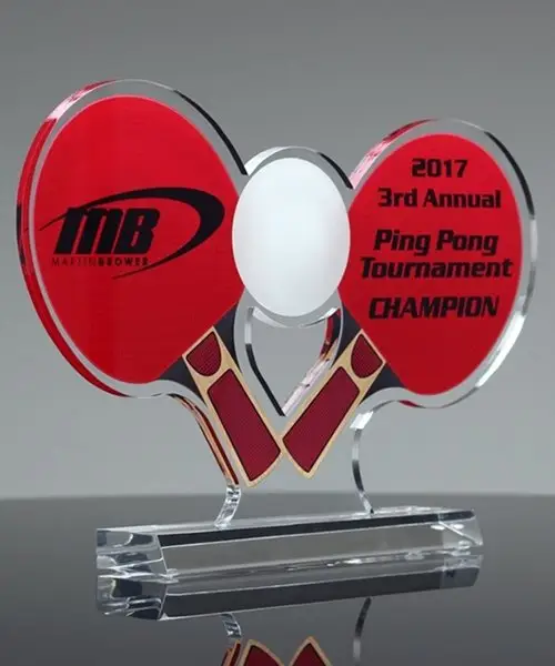 Troféu acrílico para tênis de mesa, torneio de ping pong 8 h de 3/8 "grosso, base esportiva para campeão