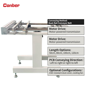 สายพานลำเลียงอัตโนมัติแบบสองรางสำหรับประกอบแผงวงจรพิมพ์ SMT ยี่ห้อ Conber พร้อมเครื่องถ่ายโอนแบบสองเลน ควบคุมด้วย PLC มอเตอร์ LED 220V อุปกรณ์อิเล็กทรอนิกส์ - Product Image 1