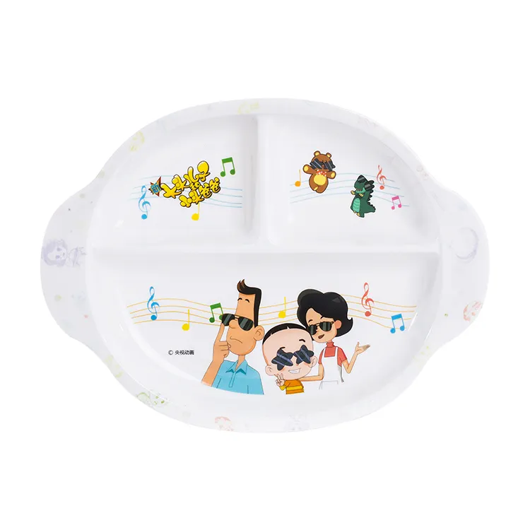 9.2 Inch Chất Lượng Cao Hình Dạng Hình Bầu Dục Phim Hoạt Hình Binaural Kids 'Bộ Đồ Ăn Bữa Ăn Tối Melamine Tấm