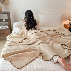 <b>Beige</b> Plush <b>Bed</b> Blanket Solid Color Rectangle Knitted Minimalist Style All-Season Use Folded Design - Product Image 2